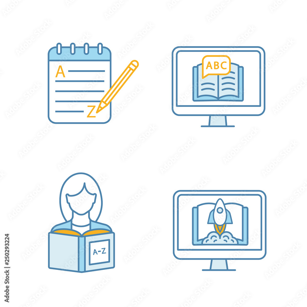 Poster foreign language learning color icons set