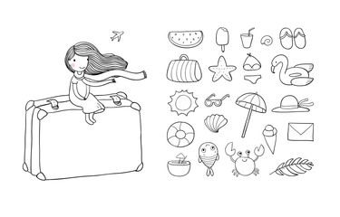 Happy Travel set. Cute cartoon girl and suitcases. Bon Voyage 