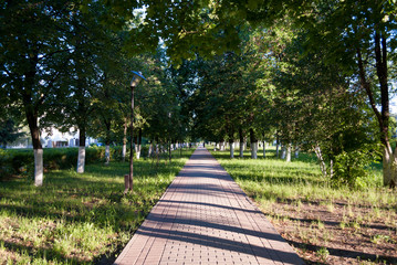 Paved walkway and the broken street lamp