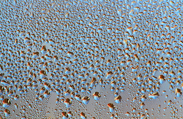 Drops of water on the glass, closeup. Colorful abstract background. Beautiful texture. Background image for design.