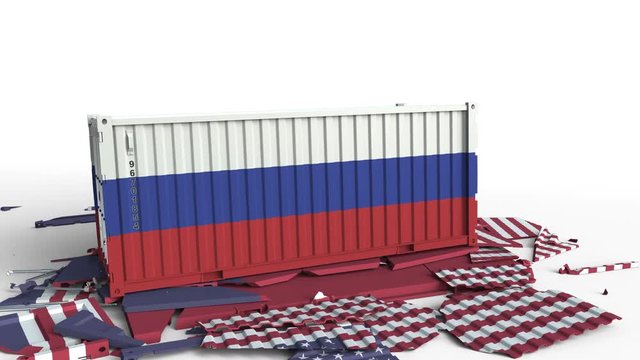 Container with flag of Russia breaks cargo container with flag of the United States. Trade war or economic conflict related conceptual animation