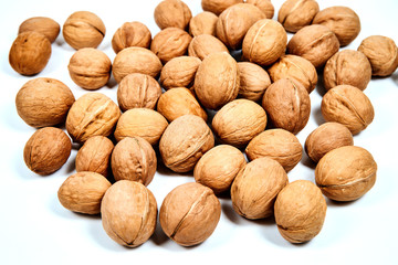 Lots of inshell Walnuts on white background