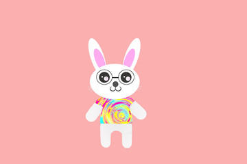 Kawaii cute fancy hipster easter smart bunny in glasses in a bright T-shirt with a multi-colored print. Isolated illustration.