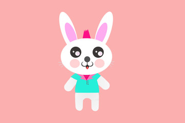 Kawaii cute fancy hipster rock punk easter bunny in blue t-shirt with pink hair.  Isolated Illustration.