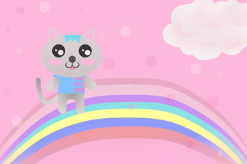 Kawaii cute fancy hipster cat in t-short and  blue bangs hair on cute colorfull rainbow, clouds