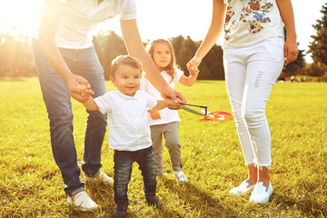 Family with children playing on the grass in the park in the summer.