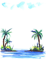 sketch illustration of a green island with lush bushes and palm trees in blue sea waters.Under a light cumulus clouds.   Hand-drawn watercolor illustration