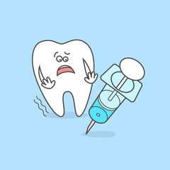 Cartoon tooth with syringe or injection. Dental care and treatment icon.