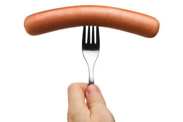 Delicious sausage on a fork, isolated on white background