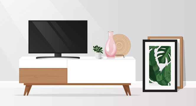 Tv cabinet in modern living room. Vector illustration