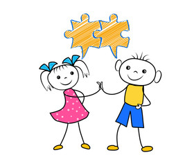 Cartoon characters connecting puzzles together. Hand drawing team work business concept in doodle style. Vector illustration