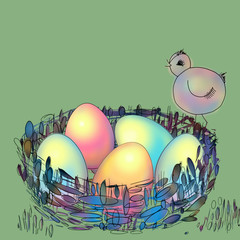 Cartoon newborn chicken and eggs in a nest. Greeting card for Easter. Pattern for print, poster. Colorful amusing newborn chicken. Copy space.