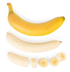 Set of ripe banana, pulp and pieces on a white. The form of the top.