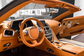 Fototapeta premium View of the interior of a modern automobile showing the dashboard.