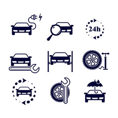Car service station. Set of 9 monochrome vector icons