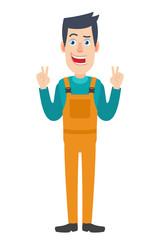 Worker showing victory hand sign or quotes hand sign