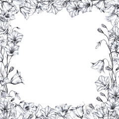 Hand drawn floral square frame with gray, black and white graphic bluebell flowers on white background
