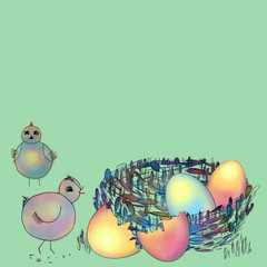 Amusing newborn chickens and eggs in a nest. Colorful Easter eggs, chickens on green background, copy space. Holiday concept with baby birds and eggs in nest decorations. 