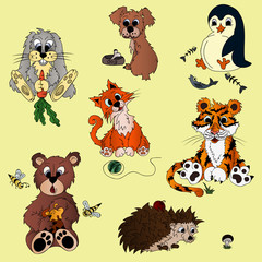 A set of cartoons of different animals: a kitten with a ball, a dog with a bone, a rabbit with carrots, a bear with honey, a tiger, a penguin with a fish, a hedgehog with an apple and a mushroom.