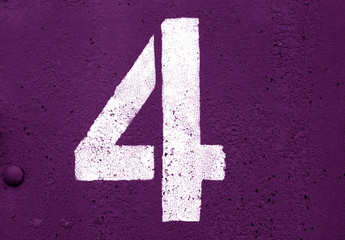 Number 4 in stencil on metal wall in purple tone. - obrazy, fototapety, plakaty