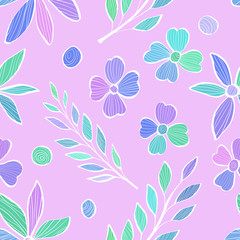 Seamless pattern with branches of leaves and flowers in the style of the sketch. Colorful illustration on pink background. Doodle.