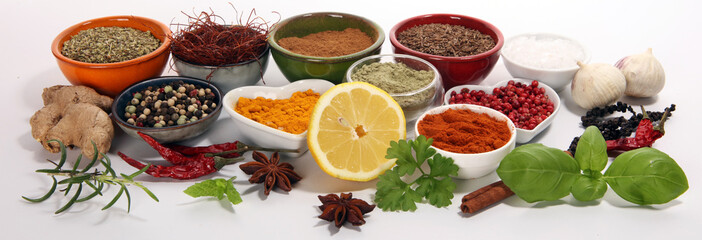 Spices and herbs on table. Food and cuisine ingredients.