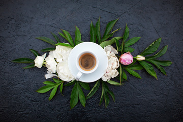 Flowers composition oh black background with spring flowers. Concept with copy spase.