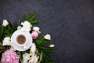 Flowers composition oh black background with spring flowers. Concept with copy spase.