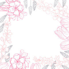 Spring background with hand drawn flowers.Vector sketch illustration.