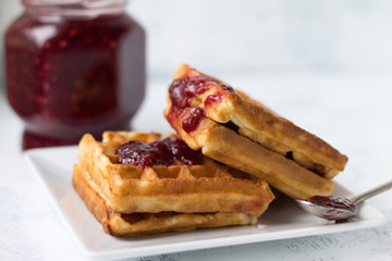 waffles with raspberry jam for Breakfast tasty and healthy