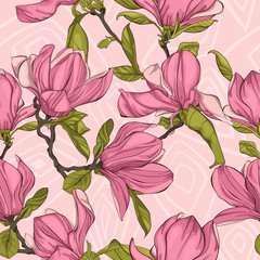 Seamless pattern, background with blooming magnolia flowers. 