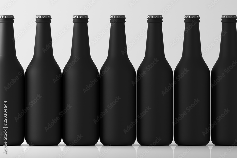 Fototapete seven black matte bottles standing in a row on a light background with reflection. mock up. 3d rende