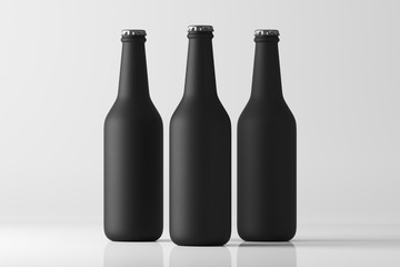 Three black frosted bottles on a white background. Mock up. 3d rendering