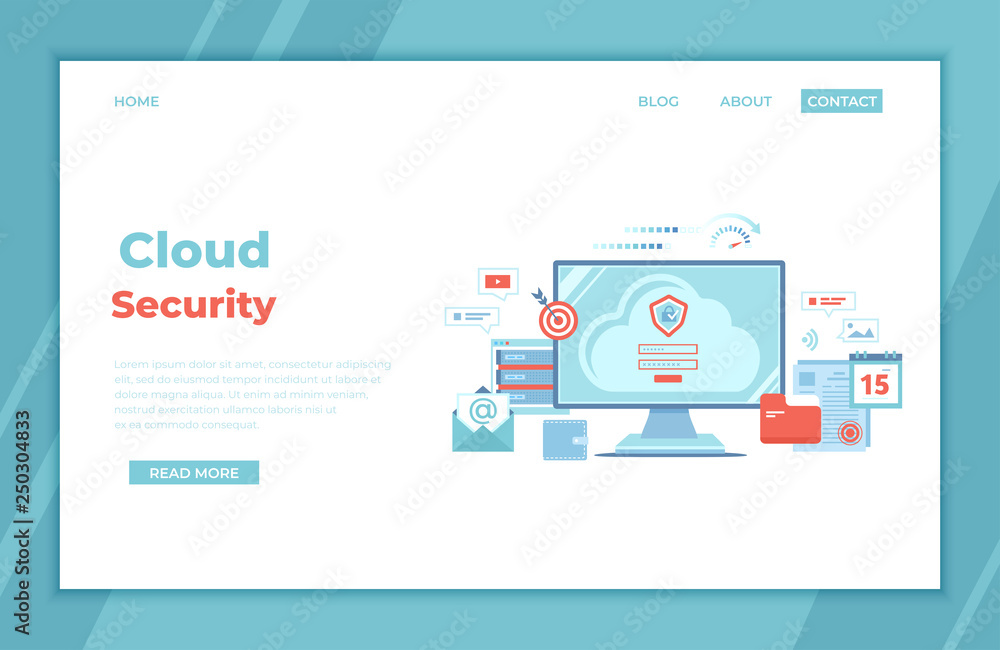 Poster cloud security, cloud computing, data protecting, secure data exchange. monitor screen with sign for