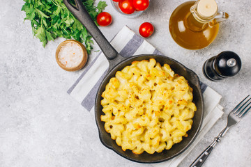 Mac and cheese, american style macaroni pasta with cheesy sauce