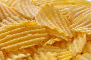 Several potato chips as a texture and background closeup