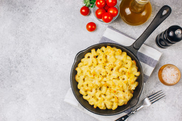 Mac and cheese, american style macaroni pasta with cheesy sauce