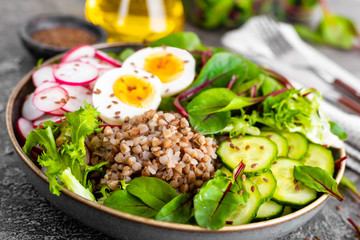 Buddha bowl dish with buckwheat porridge, boiled egg, fresh vegetable salad of radish, cucumber, lettuce and chard leaves. Healthy lunch menu