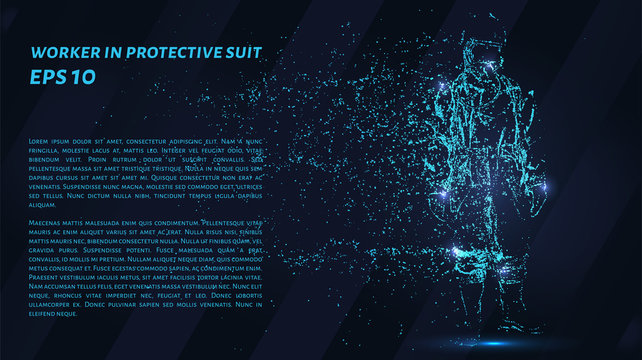 Work in a protective suit of particles on a dark background. Chemical protection from circles and dots.