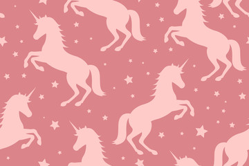 unicorn and stars on pink background, vector illustration.