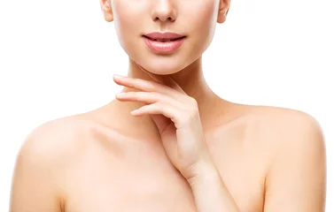 Beauty Natural Skin Care, Woman Touching Face By Hand, Young Girl Isolated over White Background