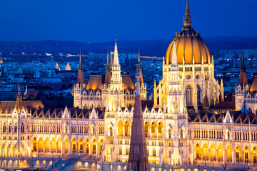 Night view of illuminated Hungarian Parliament Building. Budapest, Hungary