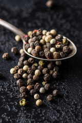 Different types of dried peppercorn.