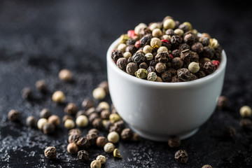 Different types of dried peppercorn.