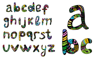 Naklejka premium English multicolored alphabet, hand draw, doodle. Vector illustration on isolated background.