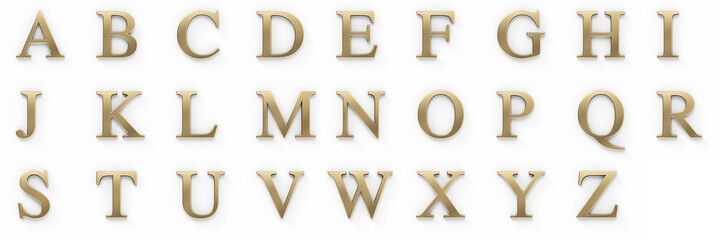 Capital letters, gold metallic with serif, ultra resolution, white background