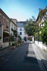 Fototapeta na wymiar une rue bordée de jardin et de résidences à la butte aux cailles, Paris