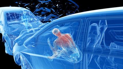 3d rendered illustration of two colliding cars - illustrating the effect of an impact without airbag - obrazy, fototapety, plakaty