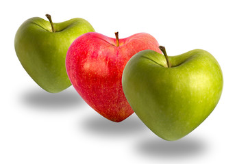 Three heart shaped apples, isolated on white background