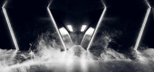 Smoke Sci Fi Futuristic Neon Glowing Triangle Shaped White Lines Grunge Concrete Reflective Texture Dark Empty Space Dance Stage Hall Room 3D Rendering
